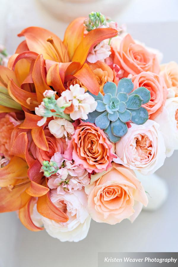 Kristen Weaver Photography, Ritz Carlton, Lee James Floral Designs, orange pink peach floral, close up bouquet