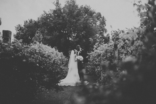 Bride and groom in garden